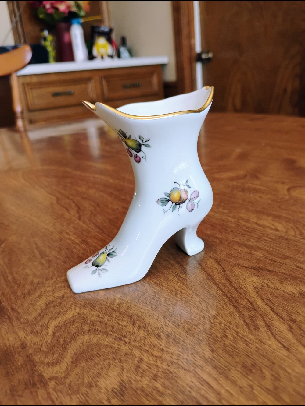 Limoges White Porcelain Heeled Boot with Gold Trim and Fruit Motif
